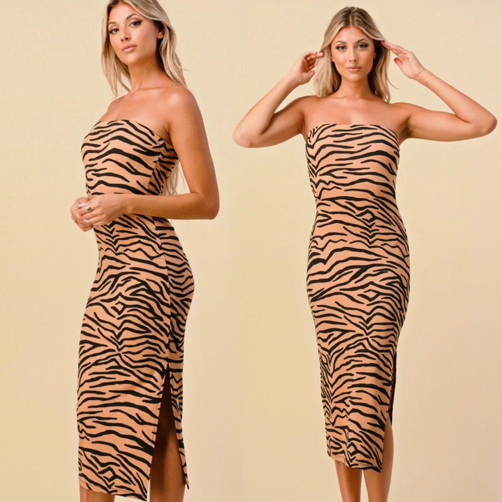 Tiger print tube midi dress - Picture 1 of 5